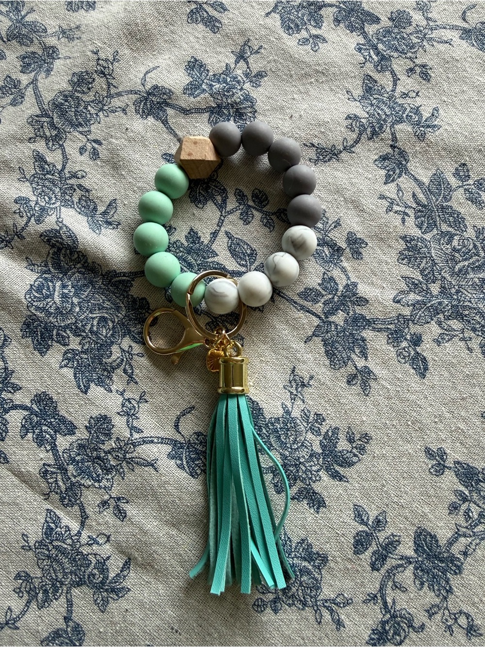 Beaded Tassel Keyring Wristlet - Mint, Gray & White